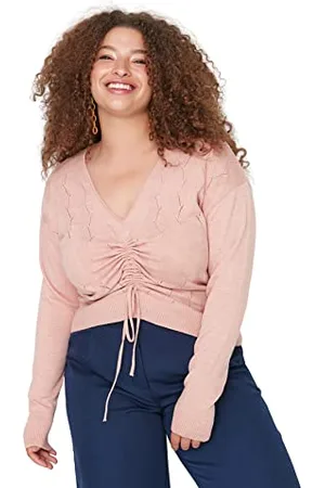 Trendyol Damen Ajouré Pullover mit V-Ausschnitt, regulär, Übergröße Sweatshirt, , XXX-Large
