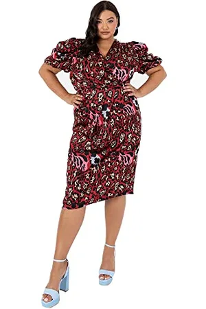 Lovedrobe Damen Ladies Plus Size Dress for Womens V Neck Short Sleeve Puffed Faux Wrap Animal Print Red A-Line Curve Kleid, 16