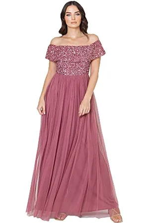 Maya Deluxe Damen Ladies Bardot Dress Women Maxi Embellished Hight Empire Waist Sleeveless Tulle for Wedding Guest Prom Graduation Brautjungfernkleid, , 46