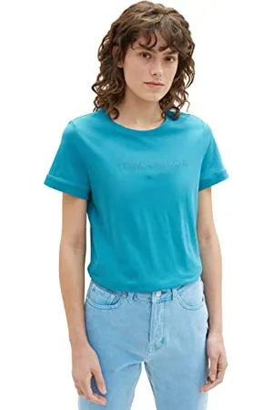 TOM TAILOR Damen 1038453 T-Shirt mit Schriftzug, 31668-Petrol Green, L