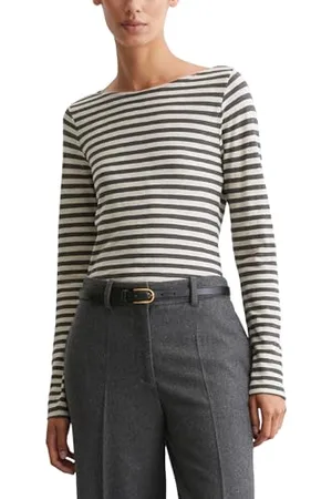 Marc O’ Polo Marc OߴPolo Damen Langarmshirt aus Bio-Baumwolle mit U-Boot-Ausschnitt, Mehrfarbig (Multi/Deep Grey Melange), XXS