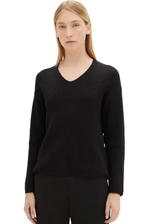 TOM TAILOR Damen 1039242 Basic Pullover mit V-Ausschnitt, 14482-deep Black, M