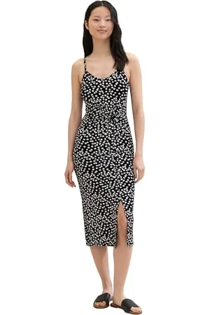 TOM TAILOR Damen Basic Midi-Kleid mit Allover Muster, black flower minimal print, XL