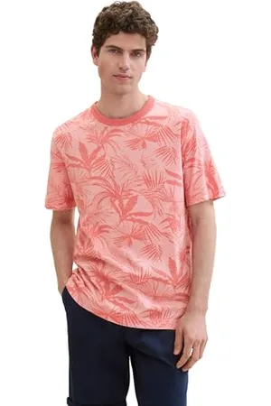 TOM TAILOR Herren Basic T-Shirt mit Allover-Print, coral striped flower design, S