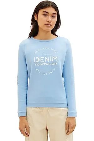 TOM TAILOR Damen 1039817 Sweater mit Logo-Print & Raffarm, 11139-Soft Charming Blue, S
