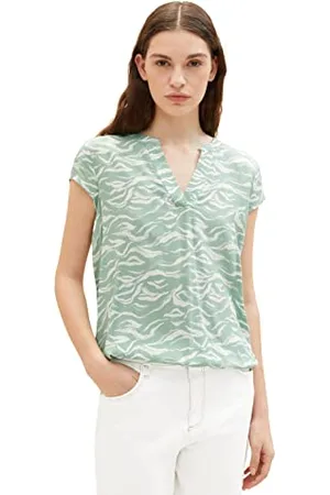 TOM TAILOR Damen Kurzarm-Bluse mit Muster , green small wavy design, 44