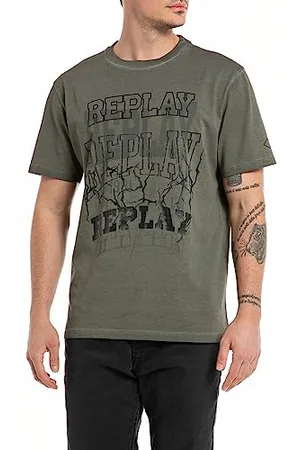 Replay Herren T-Shirt Kurzarm Rundhalsausschnitt mit Logo, (Grün), XXL