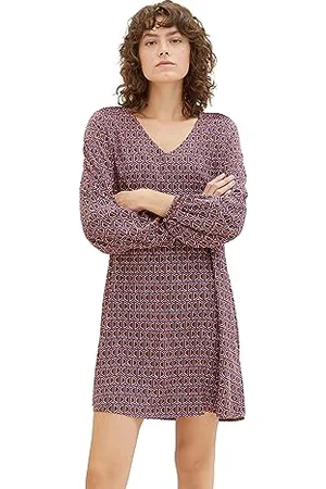 TOM TAILOR Damen Kleid aus Viskose mit V-Ausschnitt, brown geometrics print, 32