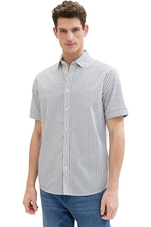 TOM TAILOR Herren Regular Fit Hemd mit Allover Print, navy white zig zag design, L