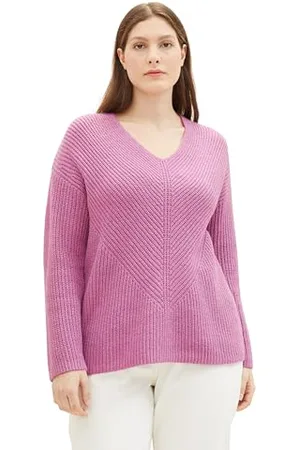 TOM TAILOR Damen 1039919 Basic Pullover mit V-Ausschnitt, 33963-mauvy Plum Melange, 50