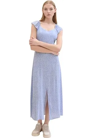 TOM TAILOR Damen Midi-Kleid mit Allover Muster, mid blue minimal print, S