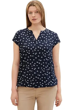 TOM TAILOR Damen Plussize Kurzarm-Bluse mit Muster , navy minimal print, 44