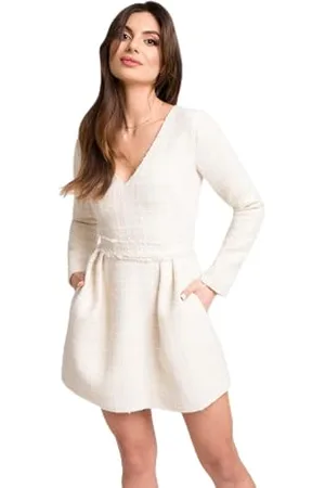 Swing Beigefarbenes, leicht ausgestelltes Tweed-Minikleid Snowflake | Größe 38 | Ideal für Weihnachten, Party, Abendessen