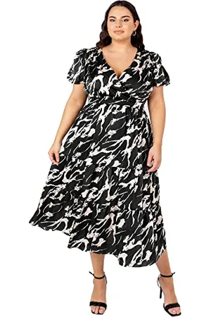 Lovedrobe Damen Womens Dress for Summer Plus Size Curve Midi Plunging Neckline Faux Wrap Puffed Sleeved Back Lace High Waist Kleid, , 18