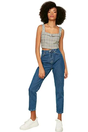 Trendyol Damen High Waist Mom Jeans, Indigoblau, 34 EU