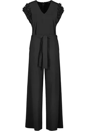 Taifun Damen Eleganter Jumpsuit mit Chiffon-Blumen überschnittene Schultern, Kurzarm unifarben lang 44