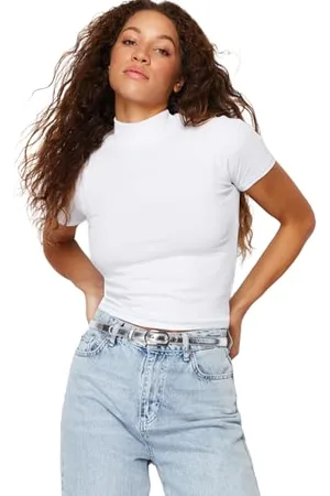 Trendyol Damen Aufrechter Kragen Pasping Crop Gestrickte Bluse Blouse, , M EU