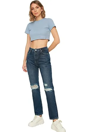 Trendyol Damen Zerrissene Detaillierte Hohe Taille-bootcut-jeans Jeans, , 34 EU