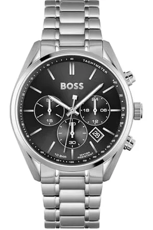 HUGO BOSS Herren 44mm Chronograph Quarz Uhr Champion Kollektion mit Schwarzem Zifferblatt und Edelstahlarmband, Datumsfunktion, 3 Sub-Dials, 10ATM Wasserdichtigkeit - 1513871