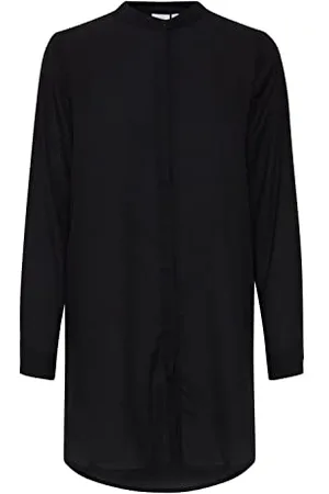 Ichi IHCELLANI Long SH2 Damen Lange Bluse Langarm Lange Bluse mit langem Arm Loose Fit mit verdeckter Knopfleiste Stehkragen mit einem Knopf, Größe:38, Farbe: