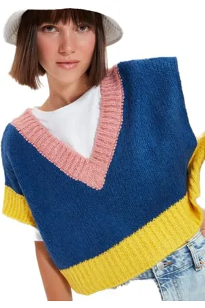 Trendyol Damen V-neck Colorblock Regular Vest Sweater, Marineblau, M EU