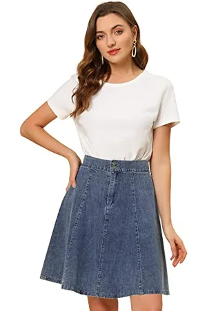 Allegra K Damen Hohe Taille A-Linie Ausgestellt Plissiert Casual Midi Denim Rock, hellblau, Groß