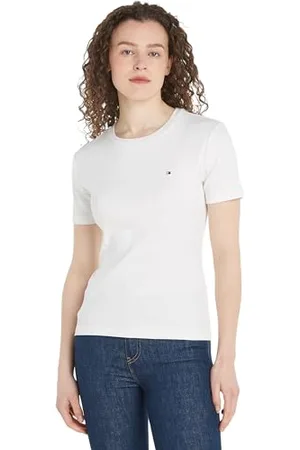 Tommy Hilfiger Damen T-Shirt Kurzarm New Cody Slim Crop Mock-Rollkragen, Weiß (Ecru), L