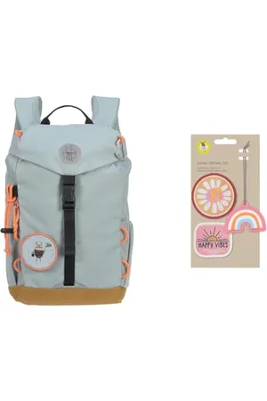 LÄSSIG Kinderrucksack Kindergartenrucksack Wanderrucksack wasserabweisend & Anhänger und Patches Set (3 Stk.) mit Druckknopf/School Patches Set Happy