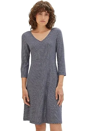 TOM TAILOR Damen 1038897 Jersey Kleid mit Muster & V-Ausschnitt, 32108-navy Geometrical Design, 38