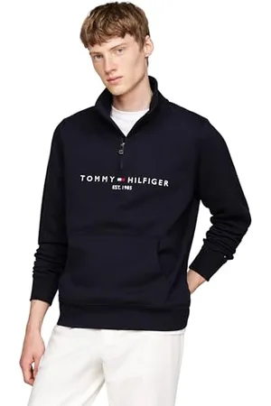 Tommy Hilfiger Herren Sweatshirt mit Reißverschluss Logo Mockneck mit Bauchtasche, Blau (Desert Sky), M