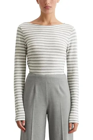 Marc O’ Polo Marc OߴPolo Damen Langarmshirt aus Bio-Baumwolle mit U-Boot-Ausschnitt, Mehrfarbig (Multi/Soft Stone Melange), XXS