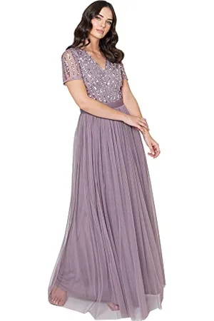 Maya Deluxe Damen Maxi Dress for Women Ladies Braidesmaid V-neck Plus Size Ball Gown Short Sleeves Long El Brautjungfernkleid, , 34 EU