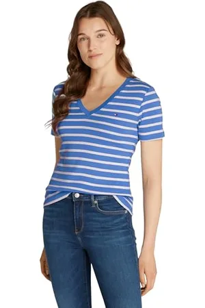 Tommy Hilfiger Damen T-Shirt Kurzarm New Slim Cody V-Ausschnitt, Mehrfarbig (Fine Stp Blue Spell/ Ivory Petal), S