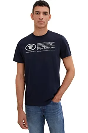 TOM TAILOR Herren Basic T-Shirt mit Print aus Baumwolle, sky captain blue, L