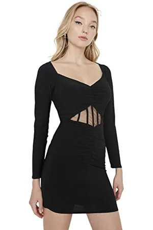 Trendyol Damen Figurbetont Bodycon Asymmetrischer Kragen Gestrickt Kleid, Smaragdgrün, 36