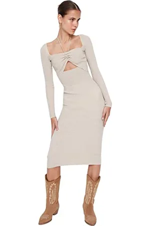Trendyol Damen Figurbetontes Damenkleid mit U-ausschnitt Kleid Tag/Nacht, , L