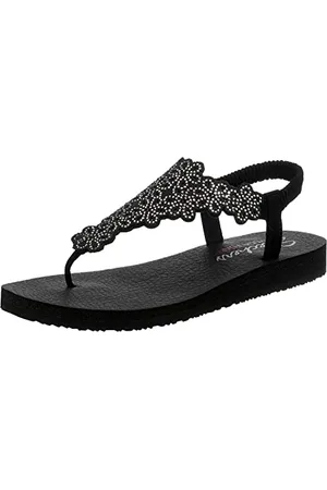 Skechers Damen Meditation FLORAL Lover Flipflop, Black Mitobuck/Silver Rhinestone Trim, 40 EU