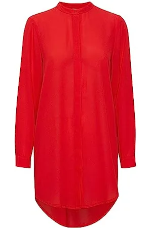 Ichi IHCELLANI Long SH2 Damen Lange Bluse Langarm Lange Bluse mit langem Arm Loose Fit mit verdeckter Knopfleiste Stehkragen mit einem Knopf, Größe:44, Farbe:
