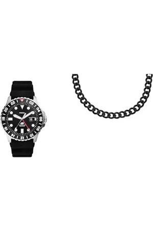 Fossil Herrenuhr Blue GMT Silikon und Halskette aus Edelstahl, schwarz, Set
