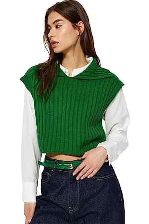 Trendyol Damen Regular fit Basic Polo Neck Knitwear Sweater Pullover, Green, L