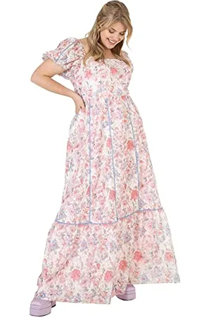 Lovedrobe Damen Ladies Plus Size Summer Maxi Dresses for Women Flowers Short Sleeve Frilly Pull On Curve Lace High Waist Square Neck Kleid,