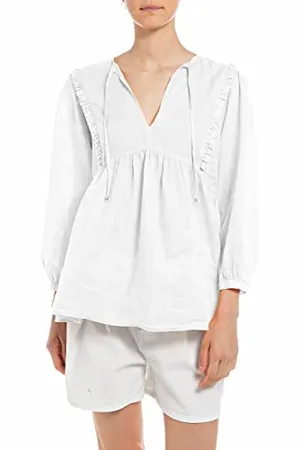 Replay Damen Bluse Langarm aus Leinen, (Weiß), M