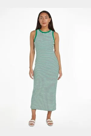 Tommy Hilfiger Damen Slim 5x2 STR Rib Midi Dress Ns Ww0ww41996 Figurbetontes Kleid, White (Mini STP Olympic Green/White), Medium