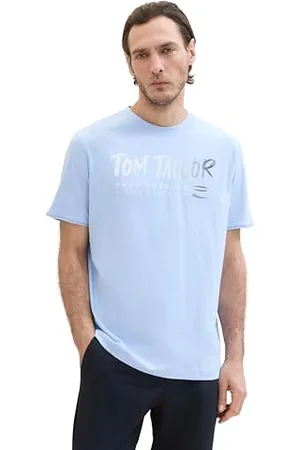 TOM TAILOR Herren Basic T-Shirt mit Text-Print, windsurf blue, M