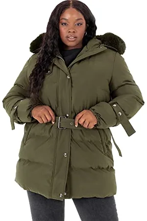 Lovedrobe Damen Womens Ladies Plus Size Jacket Quilted With Zip Waterproof Hood Belt Faux Fur Mini Length Warm Coat, Khaki, 52 EU