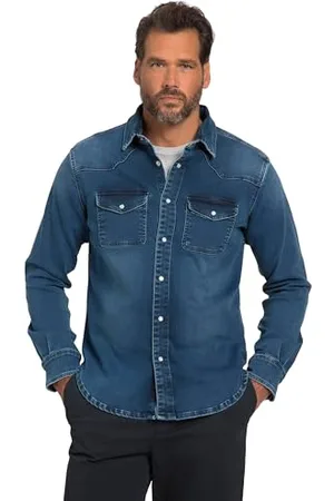 JP 1880 Herren Jeanshemd, Flexnamic, Denim, Langarm, Kentkragen, Modern Basic Fit, Western Look Hemden, , 6XL Grande Taille