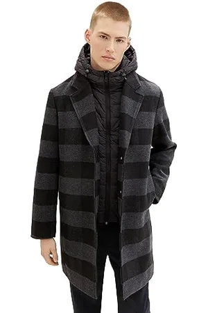 TOM TAILOR Herren 2-in-1 Wollmantel mit abnehmbarer Innenjacke, black grey buffalo check, XL