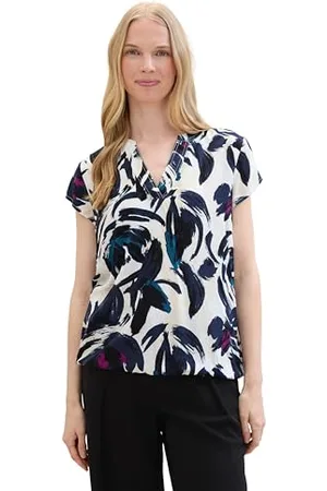 TOM TAILOR Damen Kurzarm-Bluse mit Muster , dark blue floral design, 36