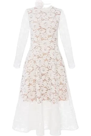 Swing Weißes Midikleid aus Spitze Elena mit Langen Ärmeln Ausgestelltem Schnitt Rosenverzierung 40(L) | Ideal für Dinnerpartys Firmenweihnachtsabende Weihnachten Kommunionen Taufen