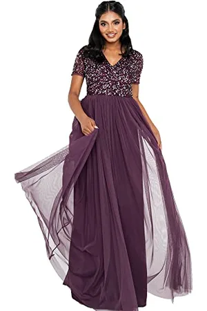 Maya Deluxe Damen Ballkleid Abendkleid V-ausschnitt Maxi Länge Pailletten Kurze Ärmel Für Hochzeit Geburtstag Brautjungfer Bridesmaid Dress, , 42 EU